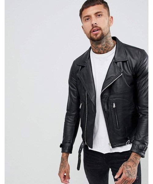 REPLAY（リプレイ）の「Replay leather biker jacket zip detail in
