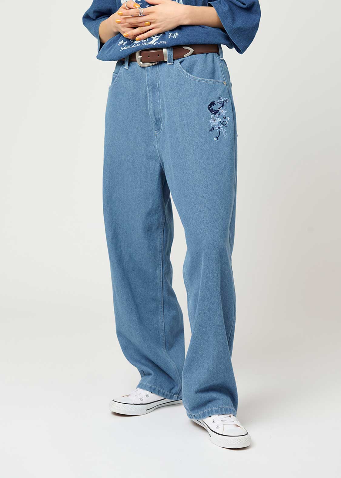 フラワーカンフーラムチョップ｜ルーズフィットデニムパンツ｜ユニ