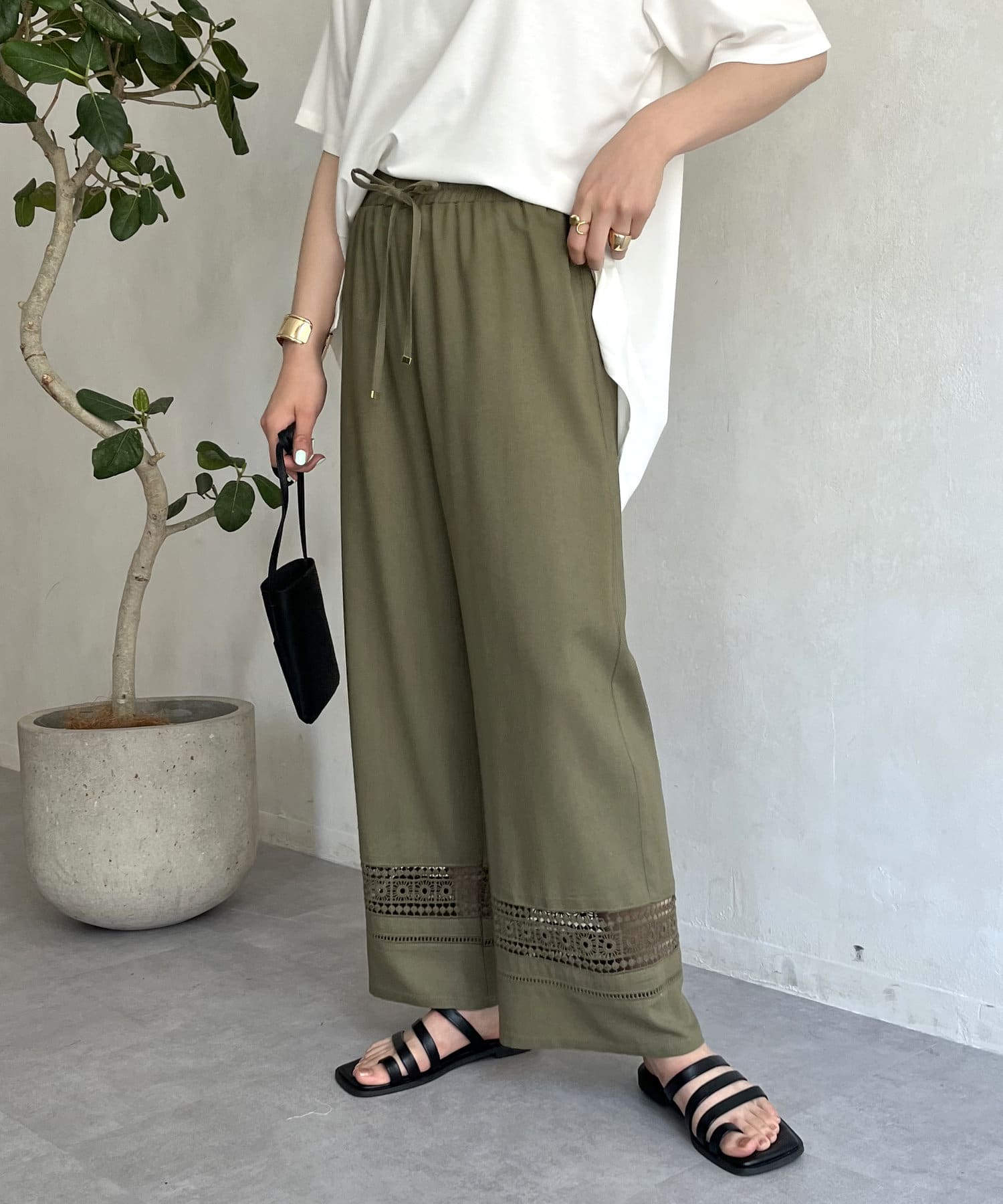 ウエストゴム仕様】麻レーヨン裾レースイージーパンツ | prose verse