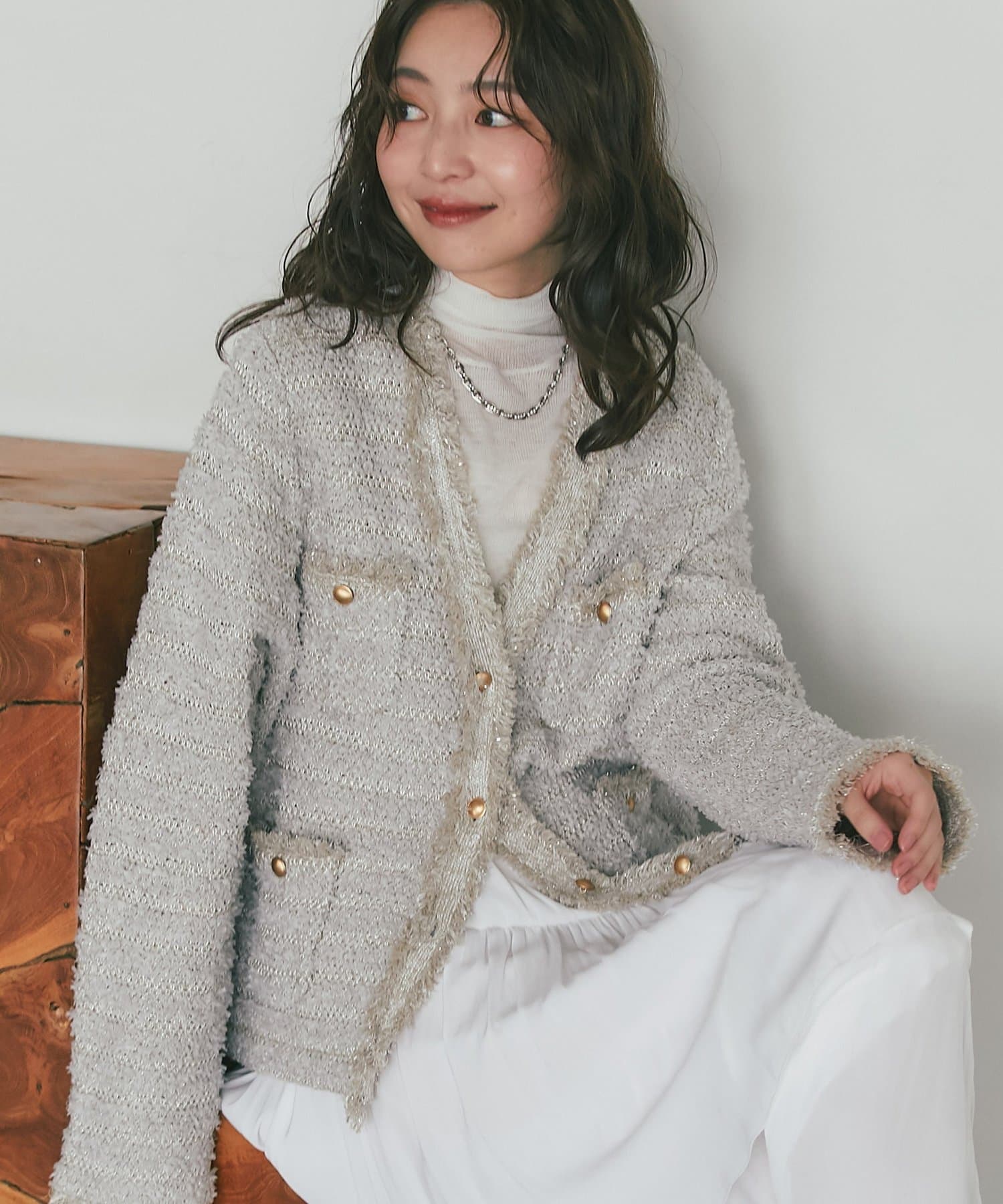 名品・着回し力抜群】ファンシーツイードニットジャケットカーディガン