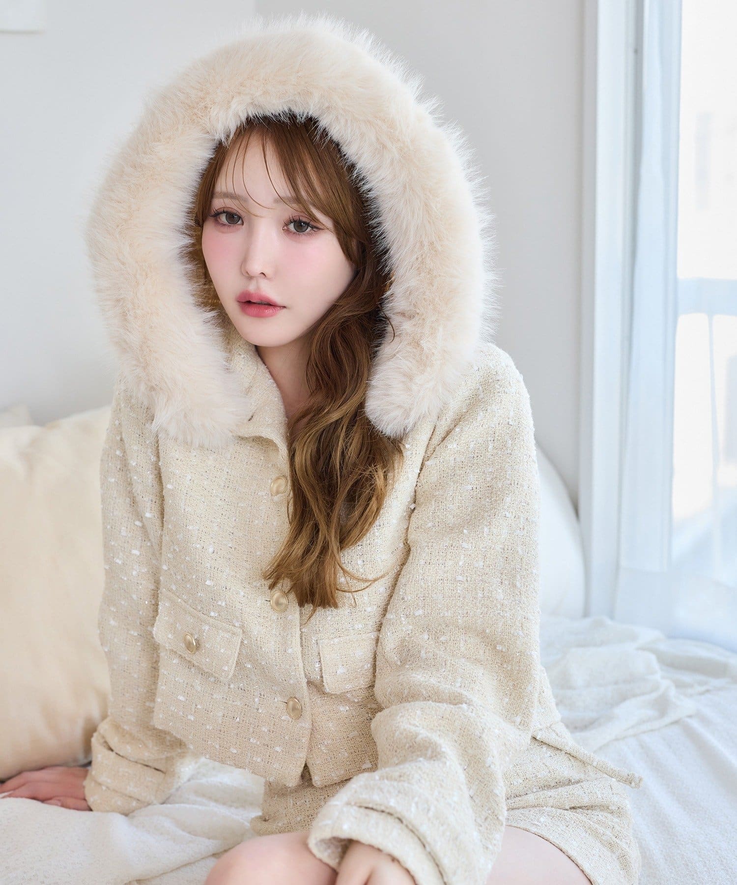 フェイクファーフード付きツイードジャケット【セットアップ可能