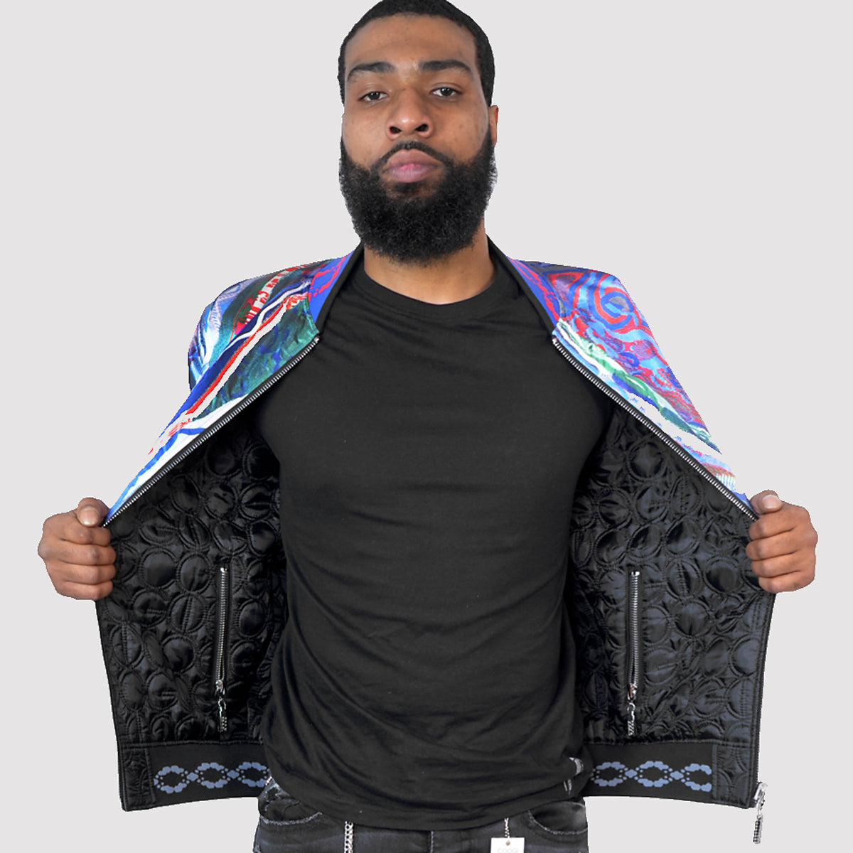 COOGI LINK QUILT (REVERSIBLE TO NATIVE BLUES PRINT) SATIN JACKET