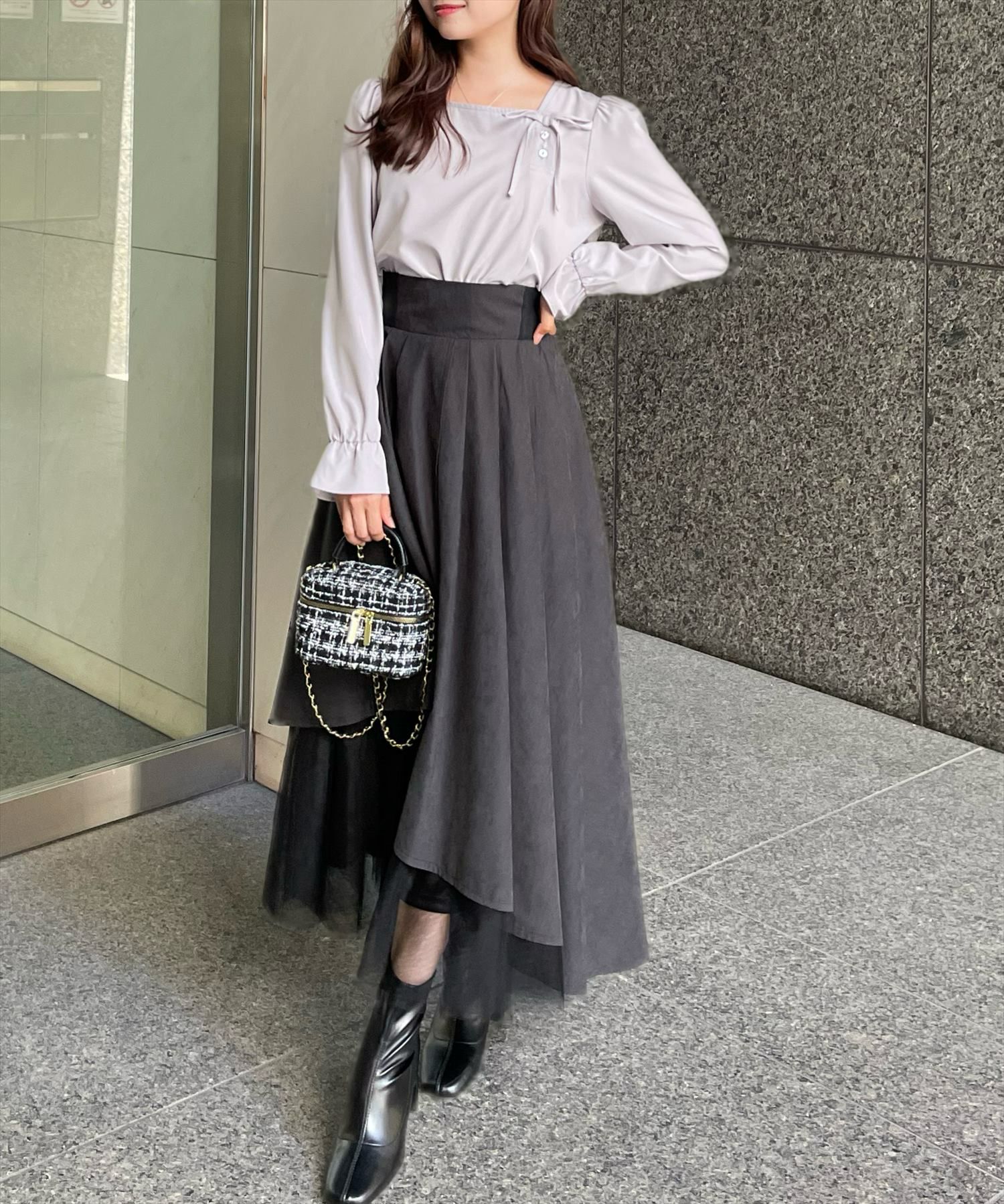 clear スクエアネックサイドボタンリボン付きブラウス[CL8660