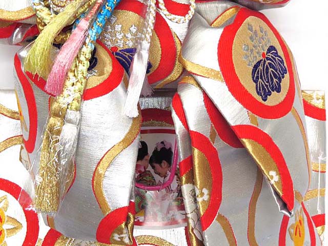 七五三 七歳用 国産の高級結び帯(大寸)【シルバー、紋柄】