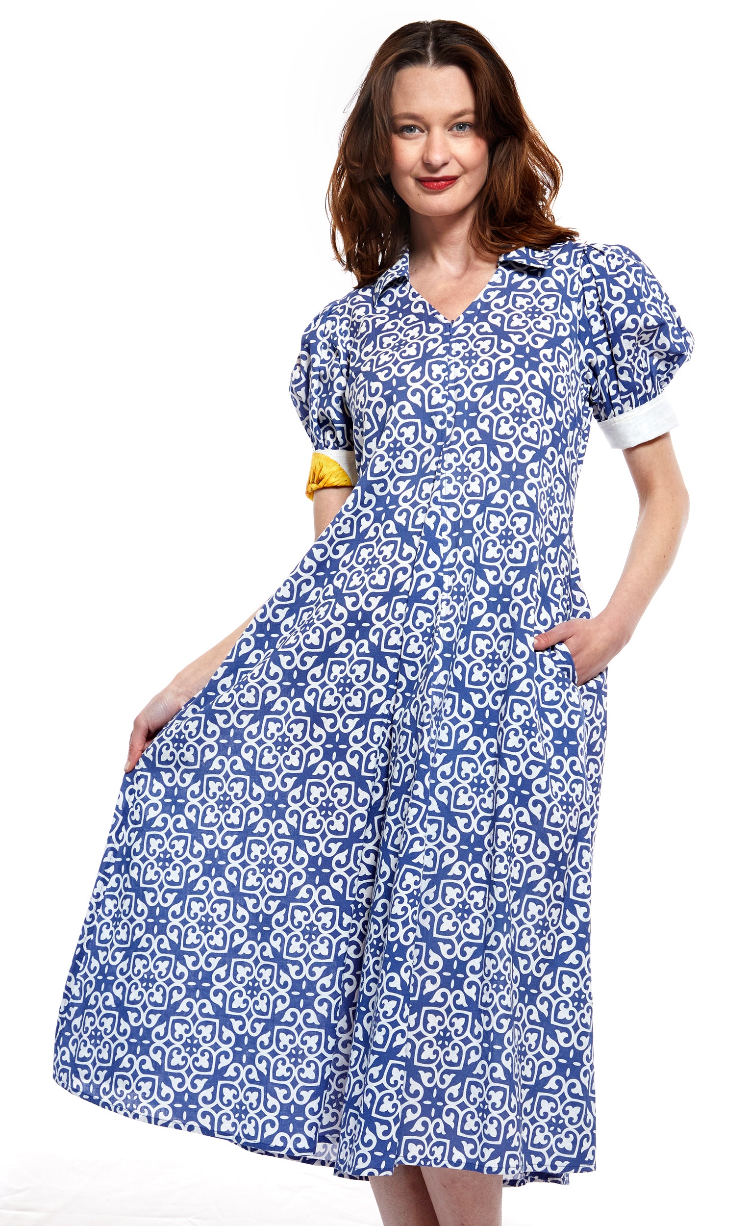 Montauk Dress in Blue with White Geometric Pattern – Dizzy-Lizzie