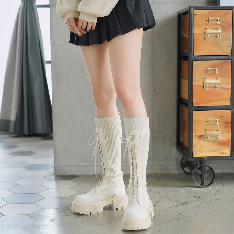 厚底レースアップリブストレッチロングブーツ – レディース