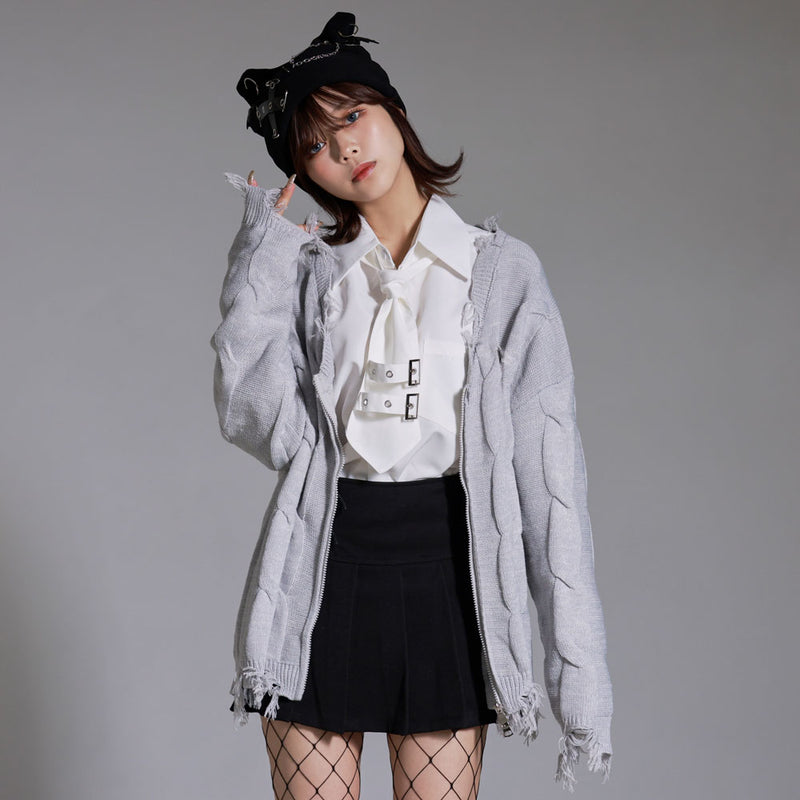 Vネックフリンジ破れ加工オーバーサイズニットカーディガン