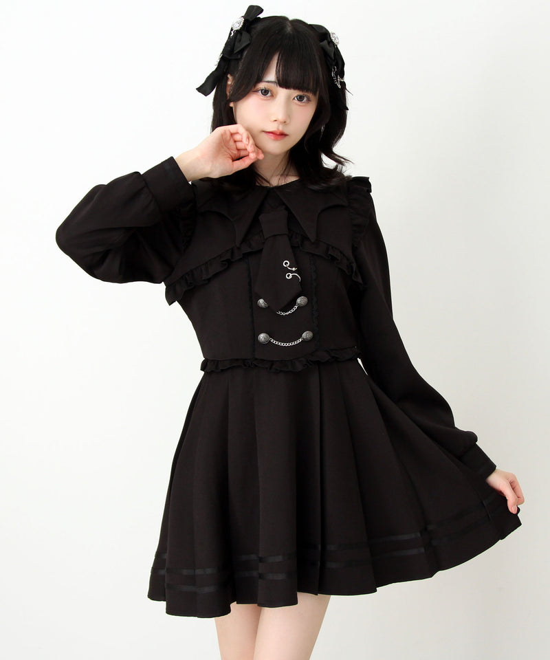 コウモリ襟チェーンボタンフリルプリーツワンピース – レディース