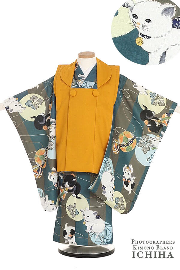 七五三レンタル着物 3歳男の子おしゃれ被布着物セット猫柄