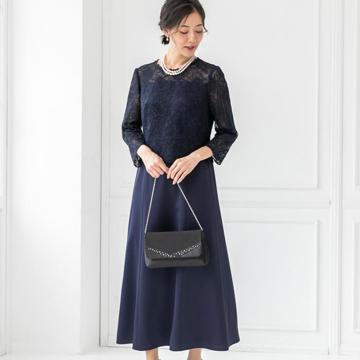 ロング丈の袖付きゲストドレス 15号・ネイビー｜東京ソワール