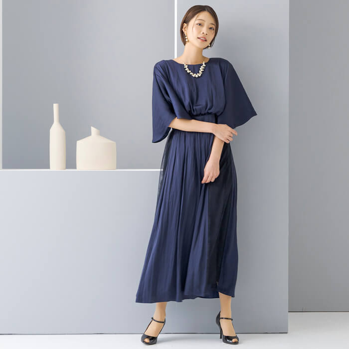 WEB限定｜ケープ風ブラウジングドレス 9号・ネイビー｜東京ソワール