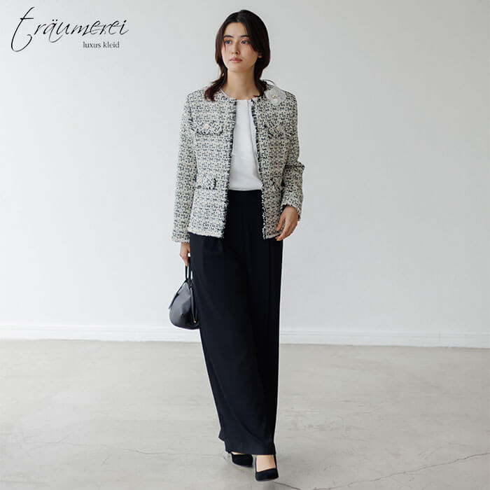 WEB限定｜ツイードワイドパンツスーツ 11号・ブラック×オフ｜東京