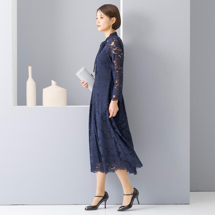 WEB限定｜ボウタイレースドレス 11号・ネイビー｜東京ソワール