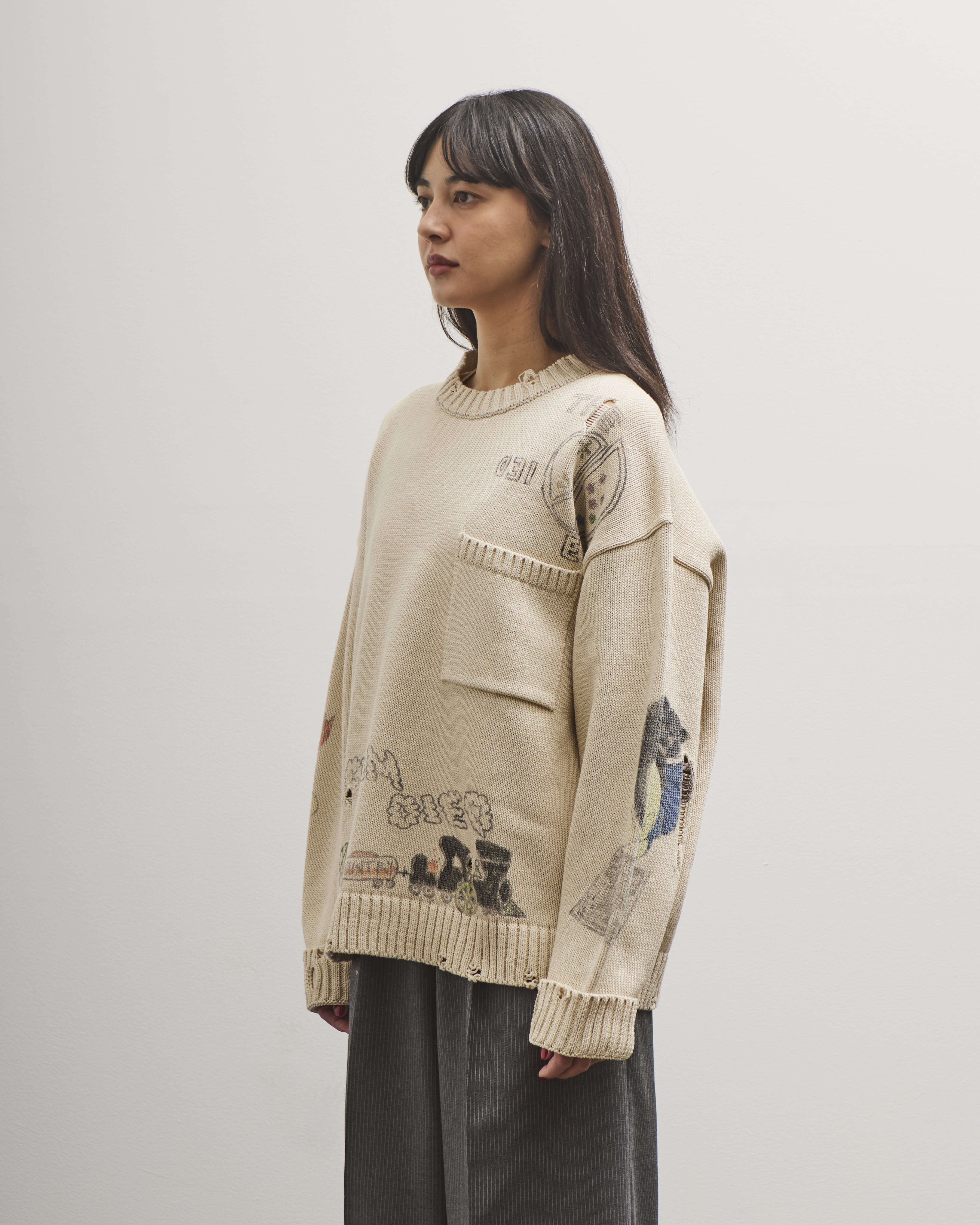 Kapital 5G Cotton Knit Crew Sweater (Memorial Paint Model), Ecru