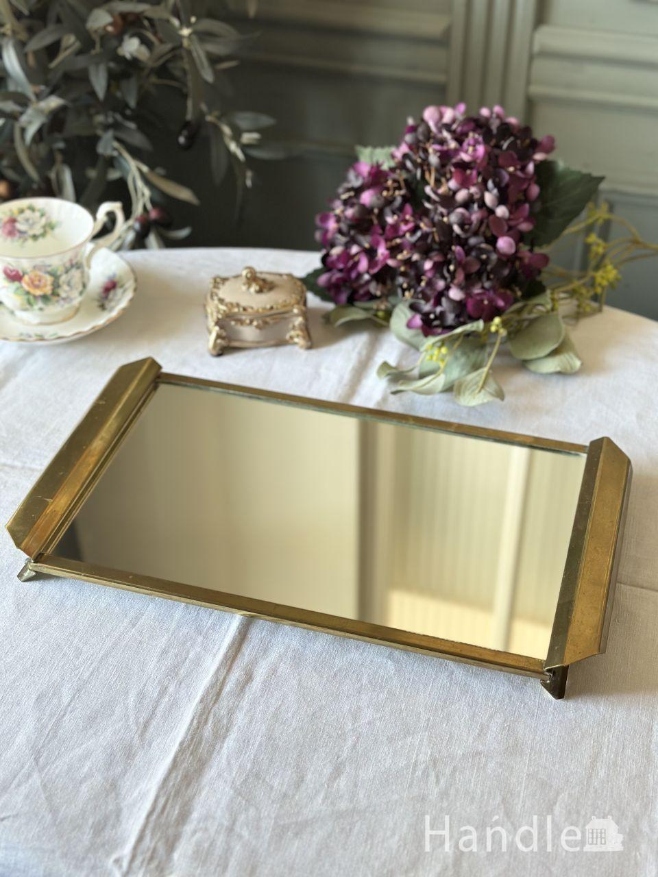 英国アンティークのアクセサリートレイ、真鍮製のおしゃれなミラー