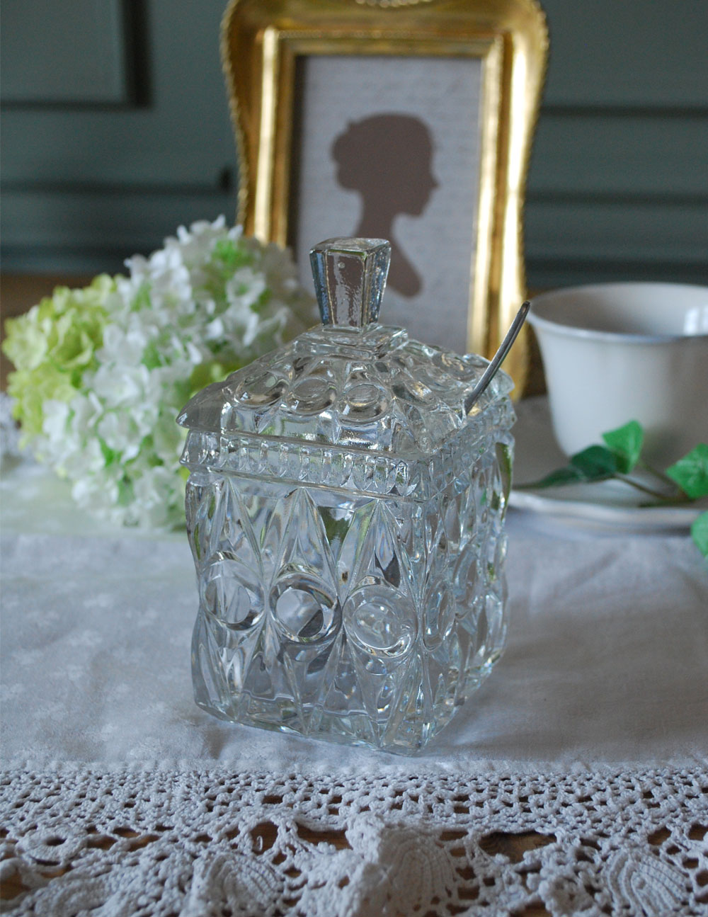 アンティークガラスのシュガーポットセット（砂糖入れ）スプーン付き