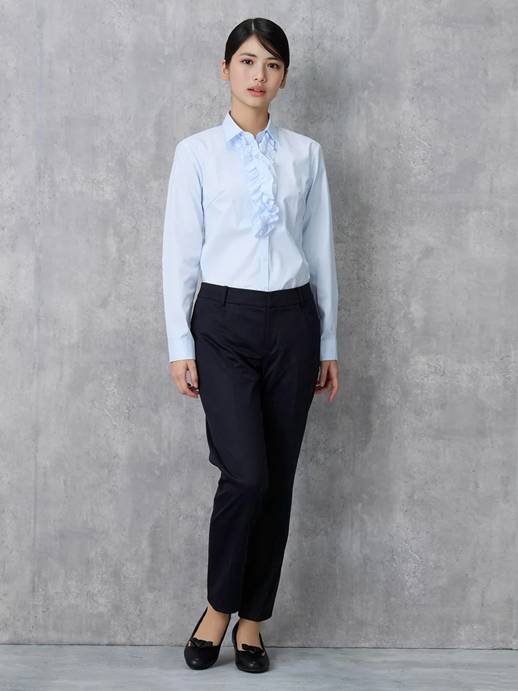 サックス 【4WAYフリル＆リボン付】長袖 ブラウス スキッパー 形態安定