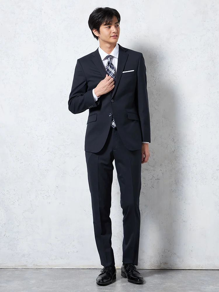 2WAYストレッチ】2つボタン スーツ ネイビー シャドウストライプ