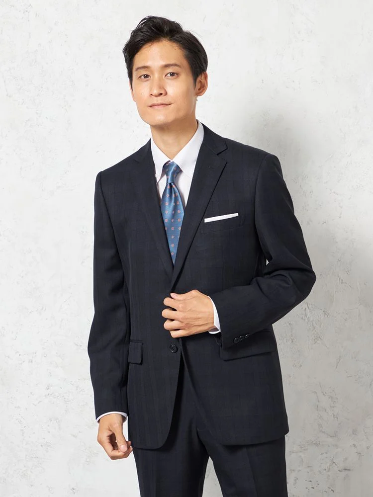 スーツ 2つボタン【WEB限定】上下ウォッシャブル チェック ネイビー