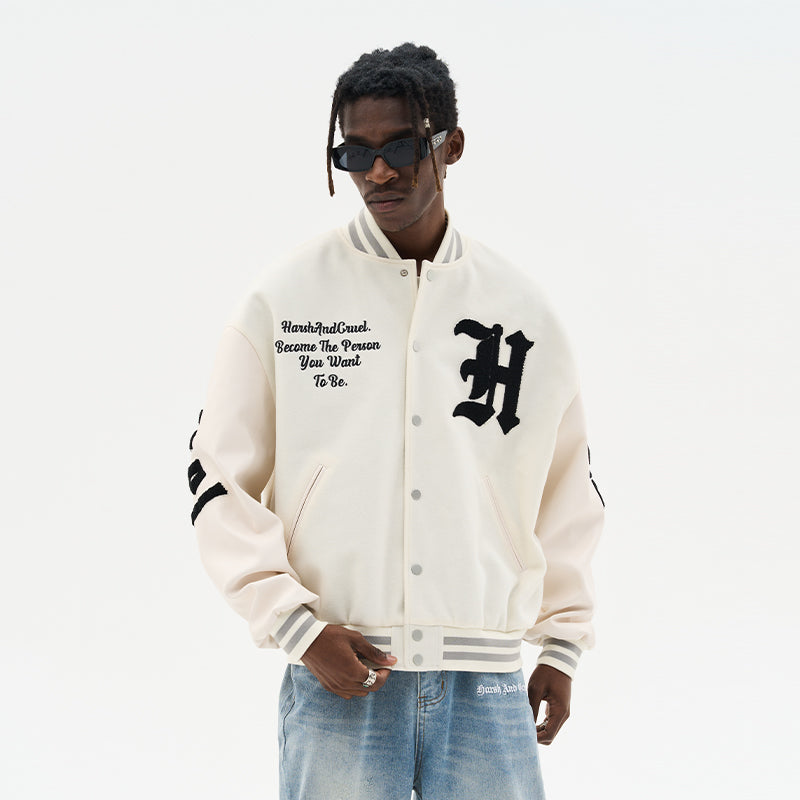 Gothic Logo Embroidered Sherpa Varsity Jacket – Harsh and Cruel