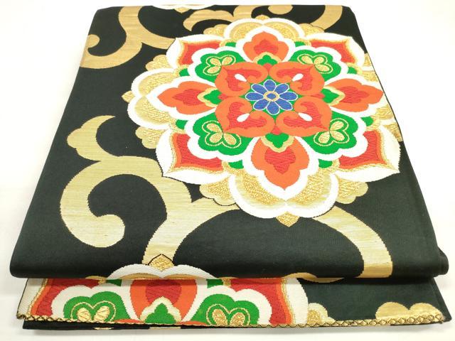 平和屋着物◎六通柄袋帯 唐織 正倉院花唐草文 黒地