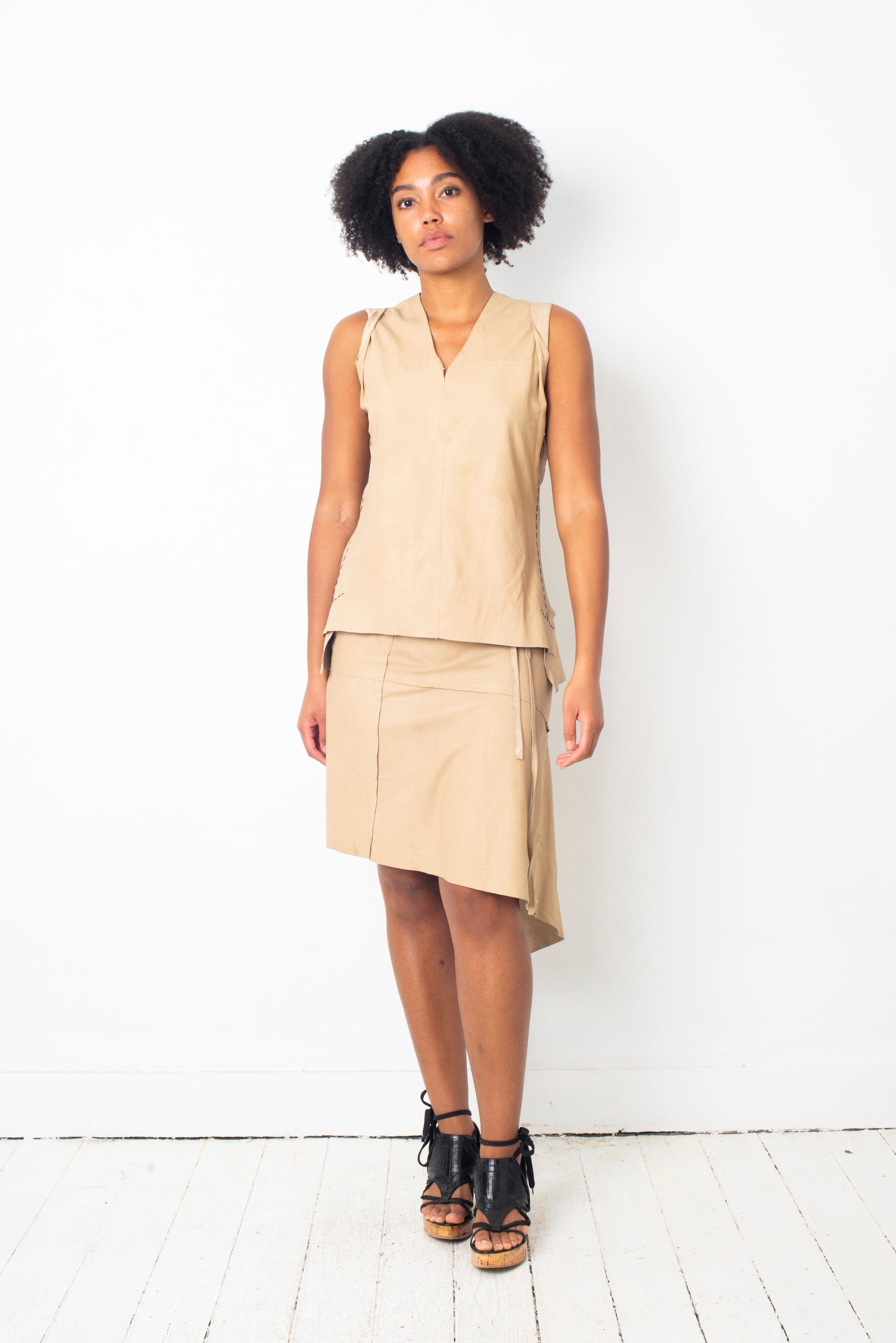 Ann Demeulemeester 2000's beige leather wrap skirt and matching
