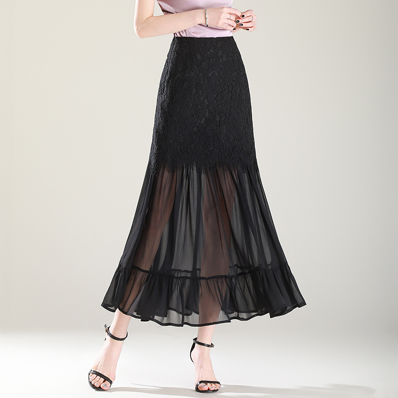 レース切替シフォンティアードロングスカート | ロングスカート専門