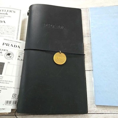 Prada Traveler's Notebook Regular Size Leather Cover Black W/Brass