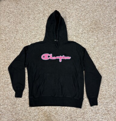 Champion Reverse Weave Black Sweatshirt - Neon Blue Pink Retro