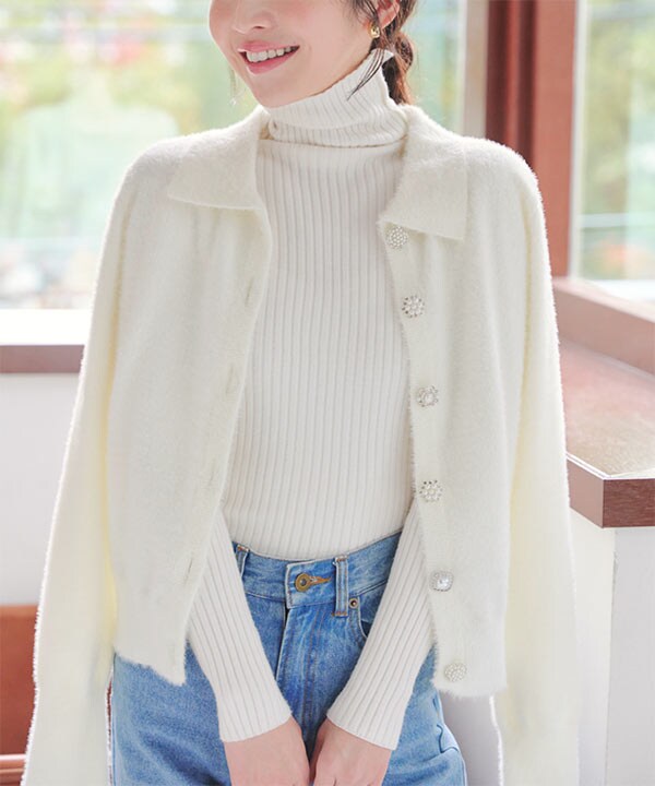 襟付きビジューボタンシャギーニットカーディガン [N1108] | 神戸