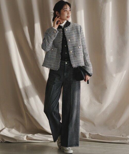 GIOLICAツイード ノーカラー ボタン ジャケット （その他アウター