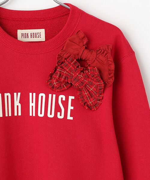 セール】 チェック＆無地リボンブローチ付きロゴプリントトレーナー