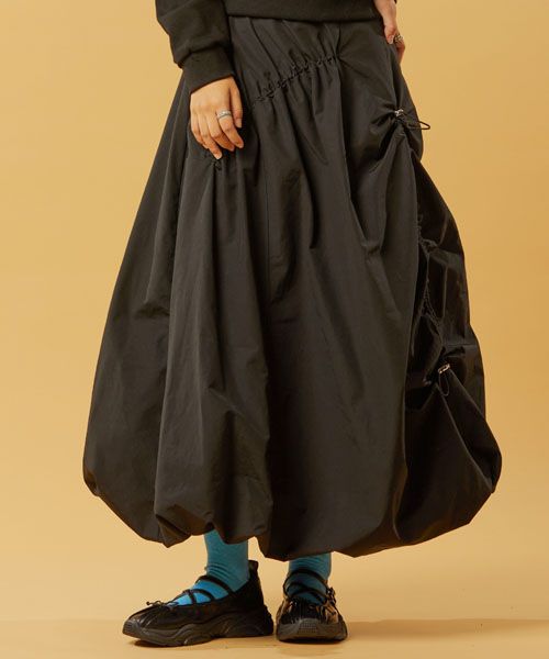 MUSINSA | KOLEAT Balloon Shirring Strap Long Skirt [BLACK]