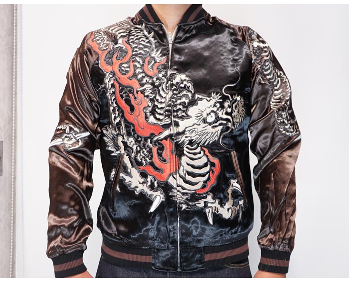 JAPANESQUE ｼﾞｬﾊﾟﾈｽｸ 和柄 スカジャン メンズ レディース 炎龍 黒鳳凰