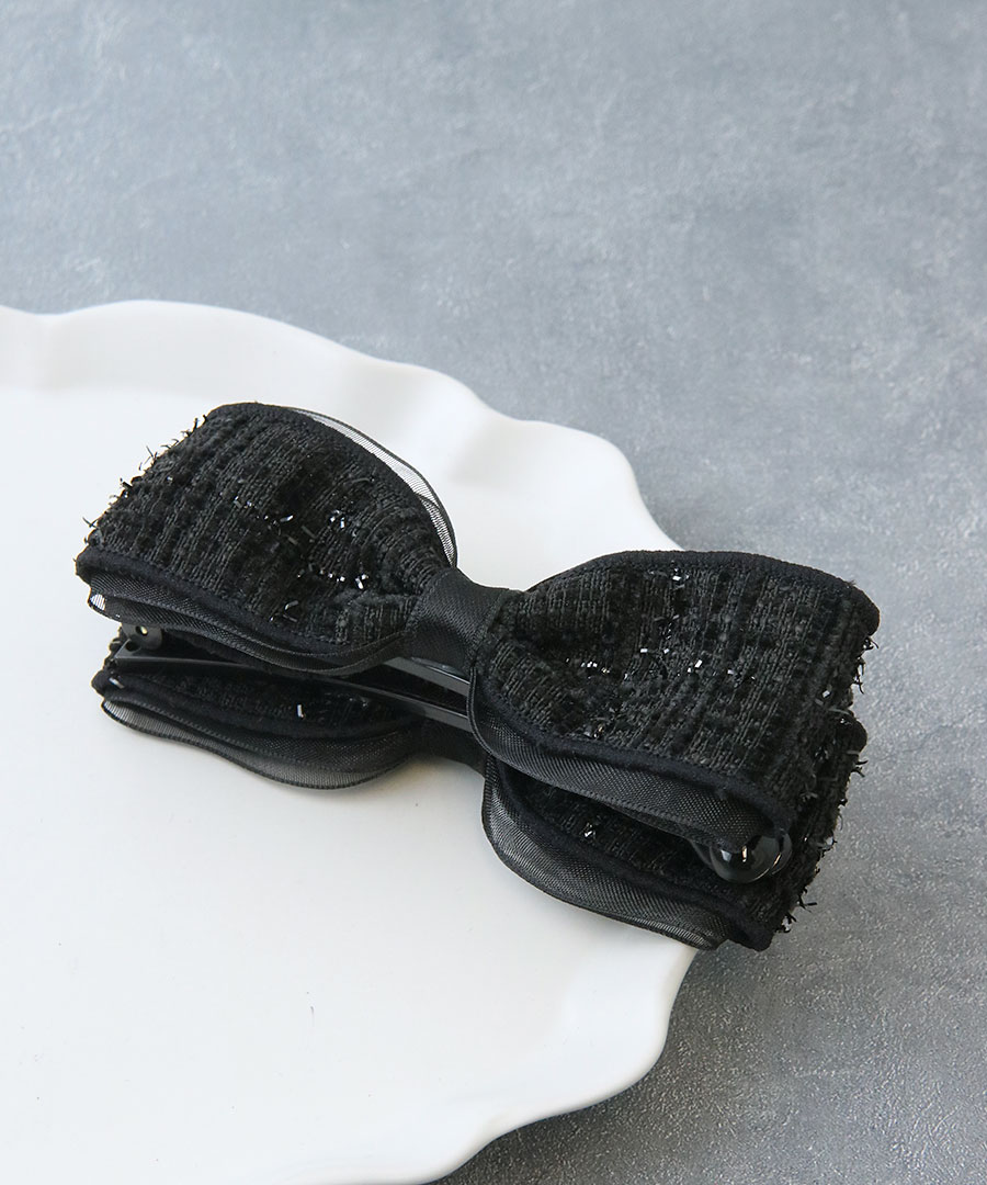 ☆ネコポス送料無料☆ツイード リボン バナナクリップ ブラック H7911