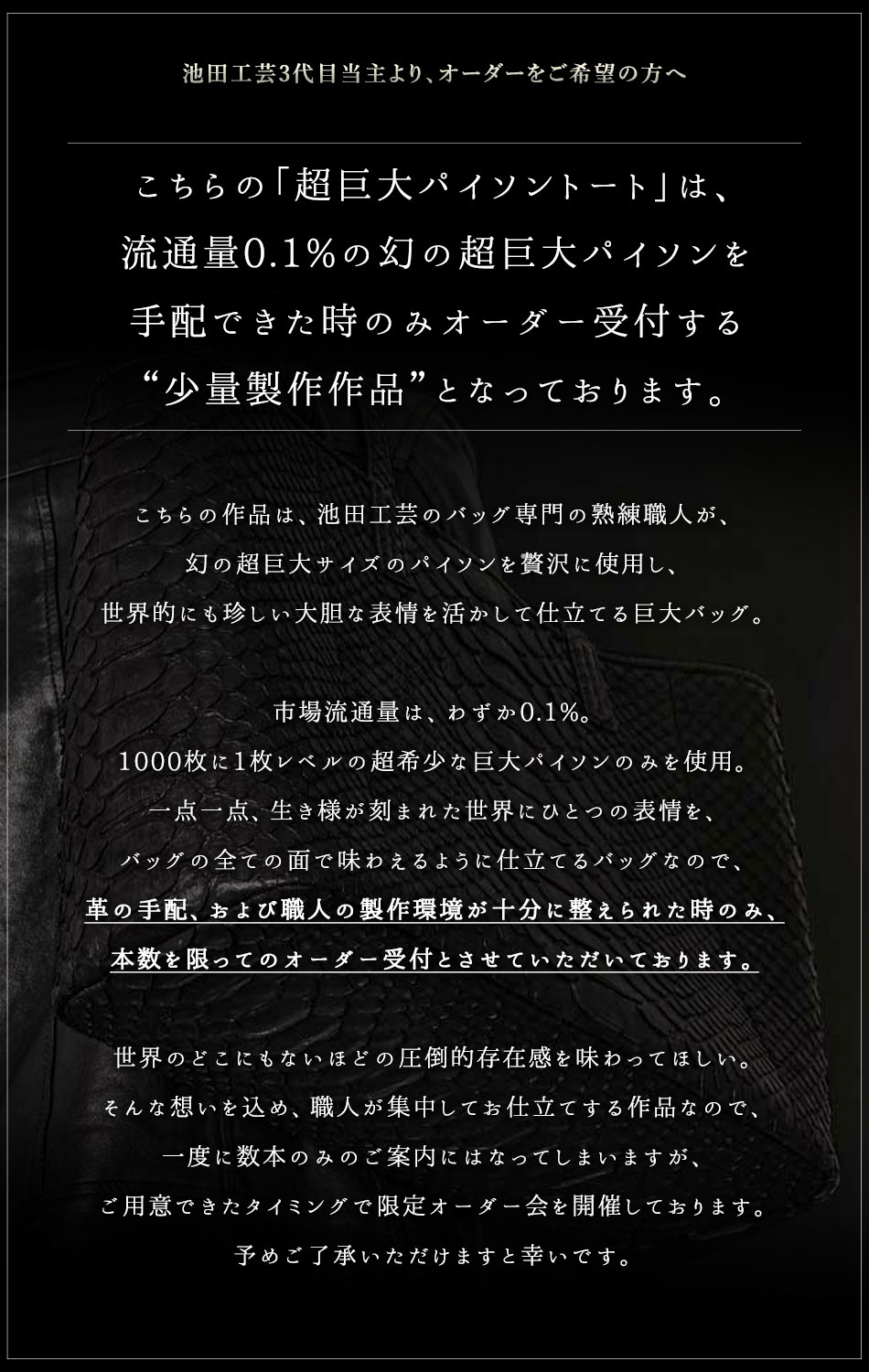 池田工芸】幻の超巨大ダイヤモンドパイソンで仕立てる、贅沢トート