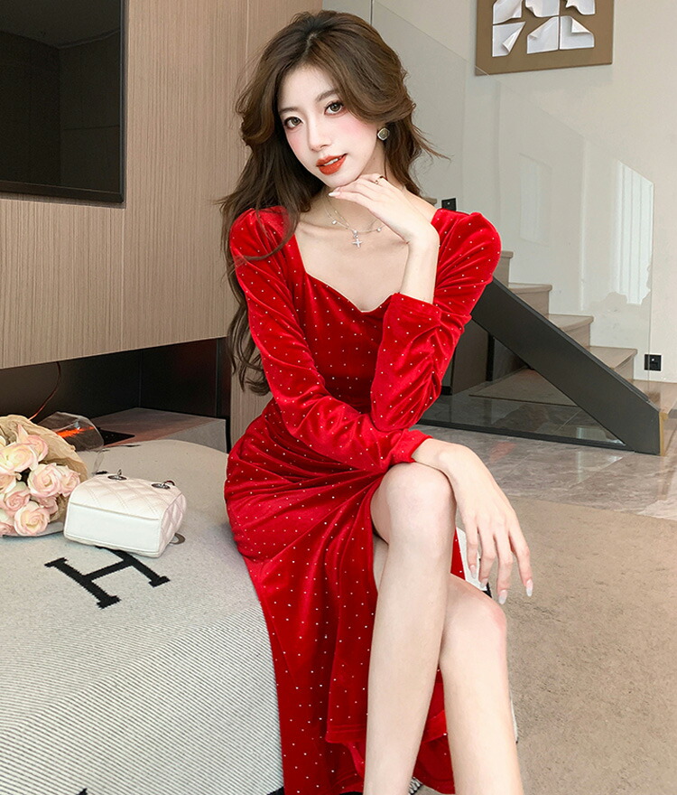 楽天市場】ワンピース ベロアワンピ 全2色 ストーン付き パーティー