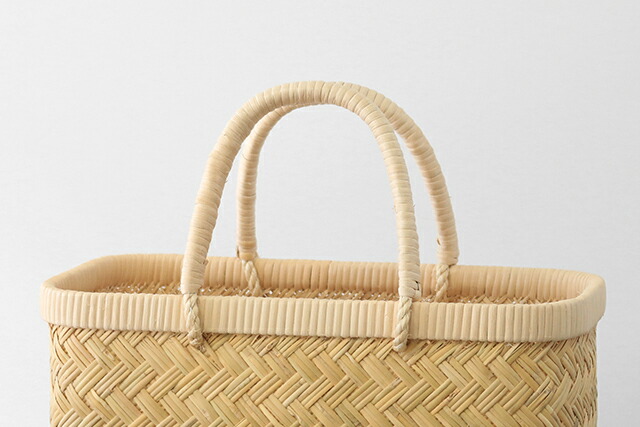 スズ竹市場かご(岩手県鳥越竹細工/籐ハンドル/ミニサイズ/レザー底あて