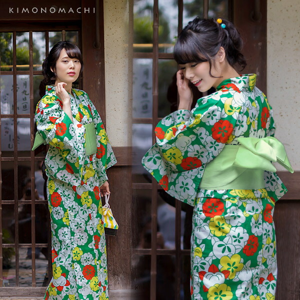 Prices down2】浴衣 レディース 浴衣と帯の2点セット「グリーン 梅と橘