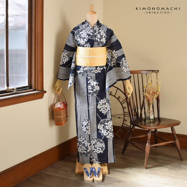浴衣セット 浴衣と半幅帯の2点セット 「浴衣 紺色 団扇＋半幅帯 水面