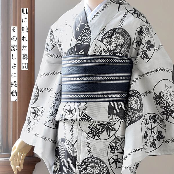 浴衣 レディース 単品 お仕立て上がり浴衣 綿絽浴衣「うちわ 白地、墨