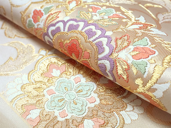 楽天市場】袋帯 正絹 西陣織 ベージュ ゴールド 華紋 唐草 六通柄 お