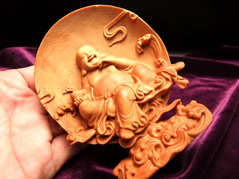 5A極上彫り 円背景 布袋様 木彫り 置物 高さ約105-110mm 風水や