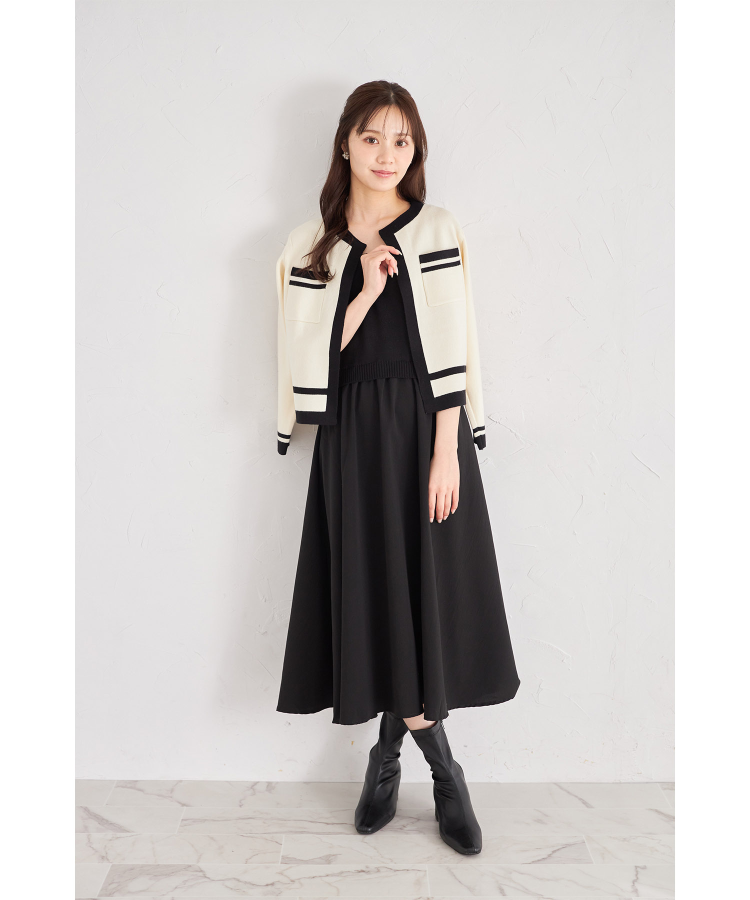 バイカラーニットカーディガン×ドッキングニットワンピースセットアップ