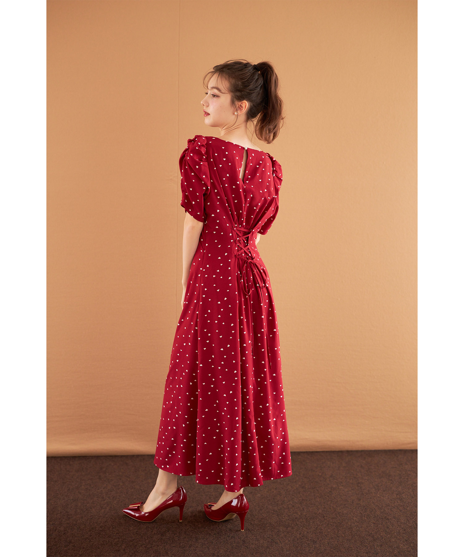 パール付きバックレースアップハートドットワンピース