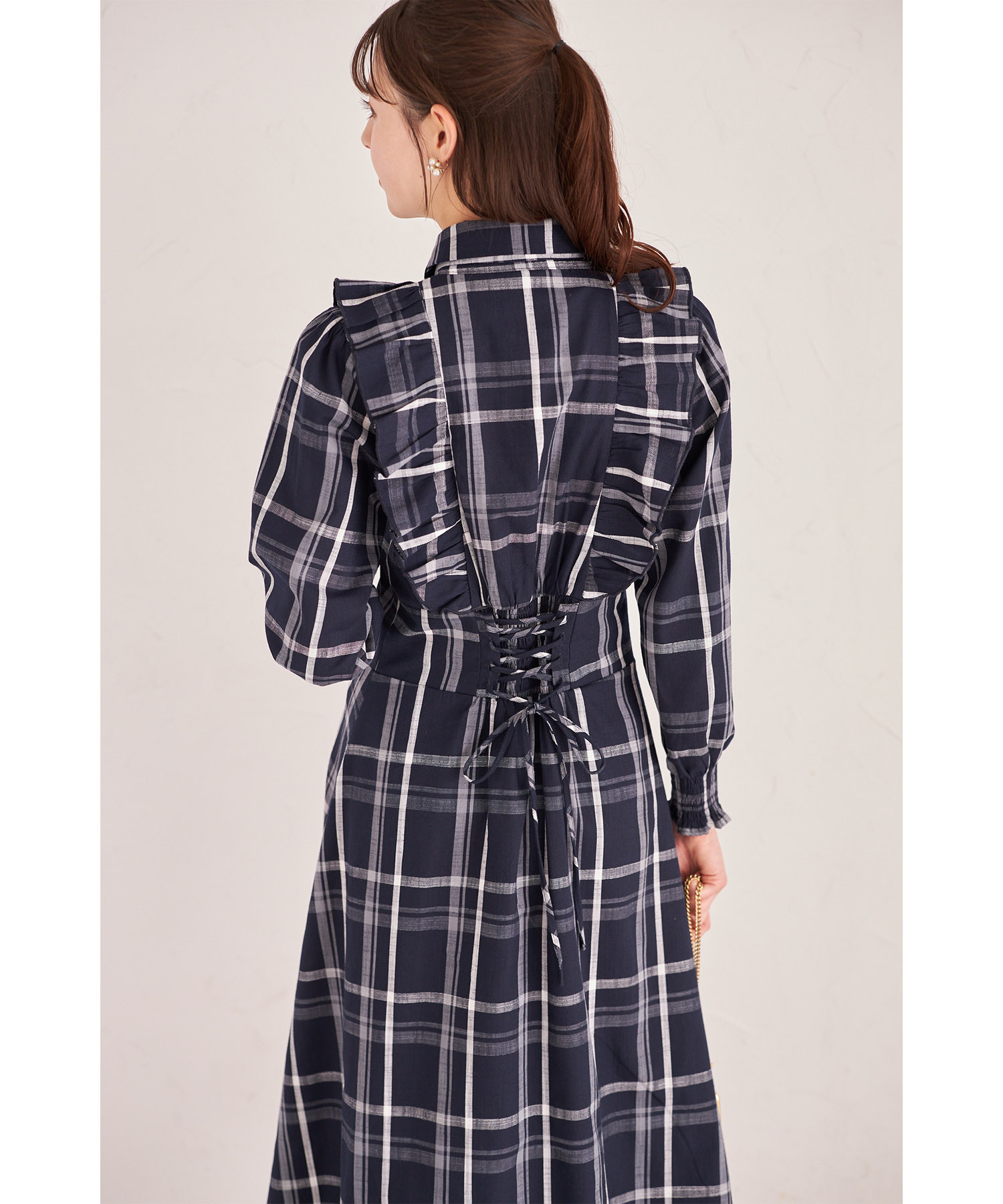 2WAYボウタイリボン付きバックレースアップチェック柄フリルシャツ