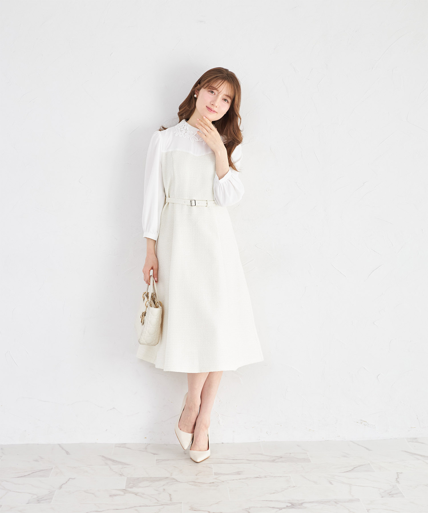 フラワーレース襟付きツイードドッキングワンピース