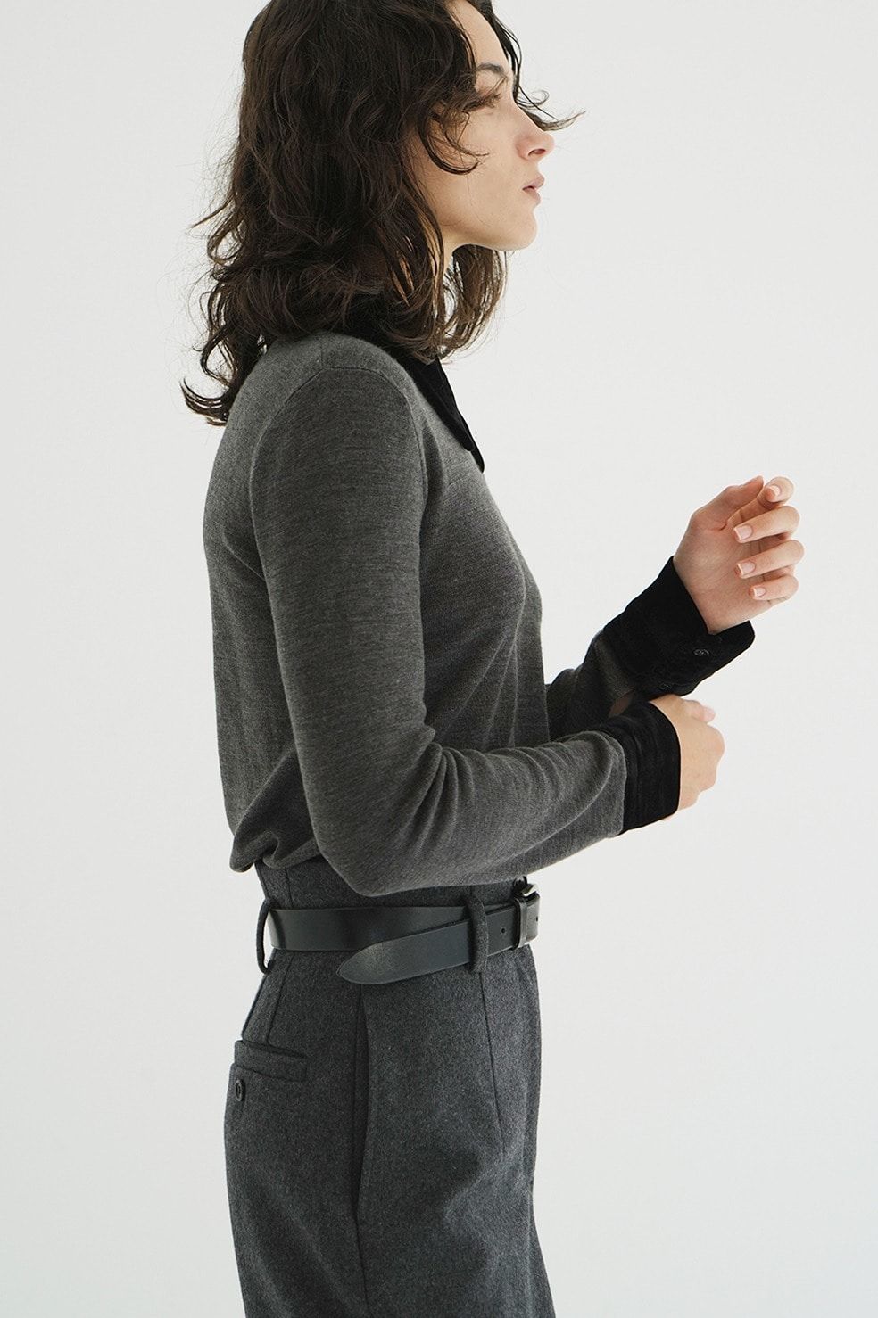 CLANE - ベロアカラーニットトップス | VELOR COLLAR KNIT TOPS (GREY