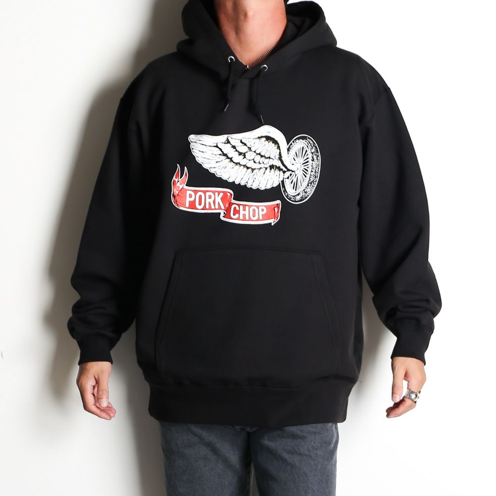 MASSES - × PORKCHOP / SWEAT HOODED FLING WHEEL P - Black / プル