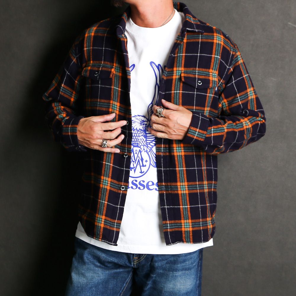 RATS - COTTON FLANNEL NAVY CHECK SHIRT / コットンフランネル